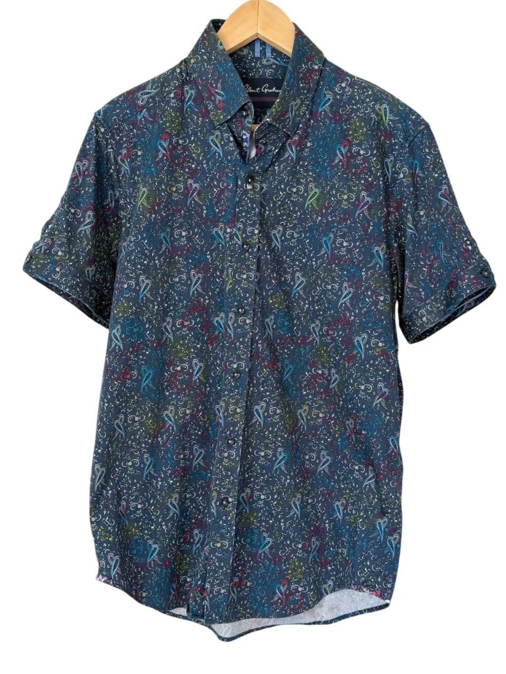 Robert Graham Modern Americana Paisley Men Short Sleeve Maximalist Navy Shirt M